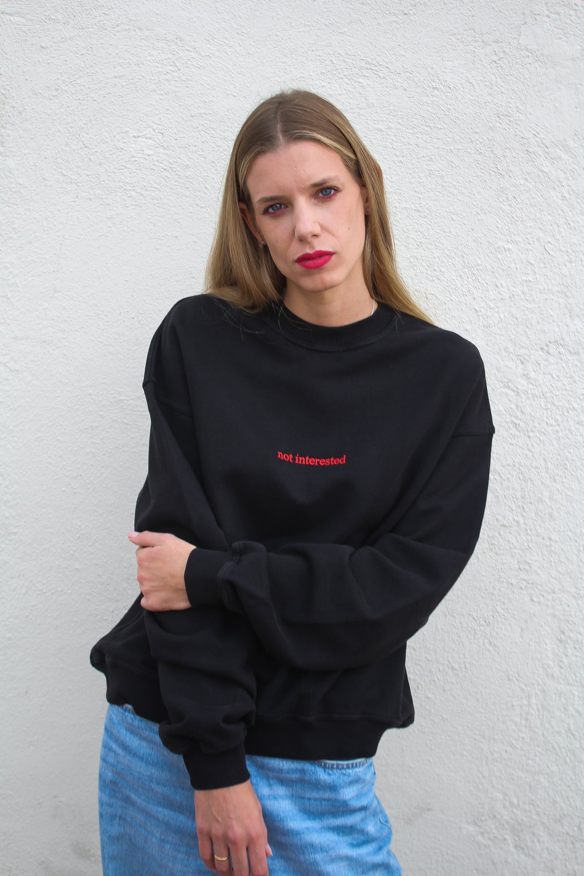 "NOT INTERESTED" Heavyweight Embroidered Sweatshirt